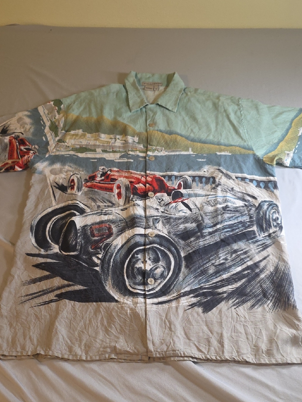 Tulliano Racing-Print Short Sleeve Button-Down Shirt - Mint & Cream